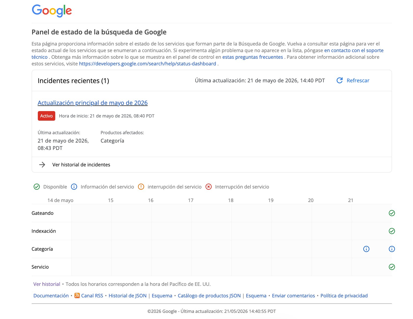Captura del Google Search Status Dashboard que confirma el inicio del incidente de la Actualización principal de mayo de 2026 a las 08:40 PDT del 21 de mayo, con estado Activo y categoría Ranking afectado.